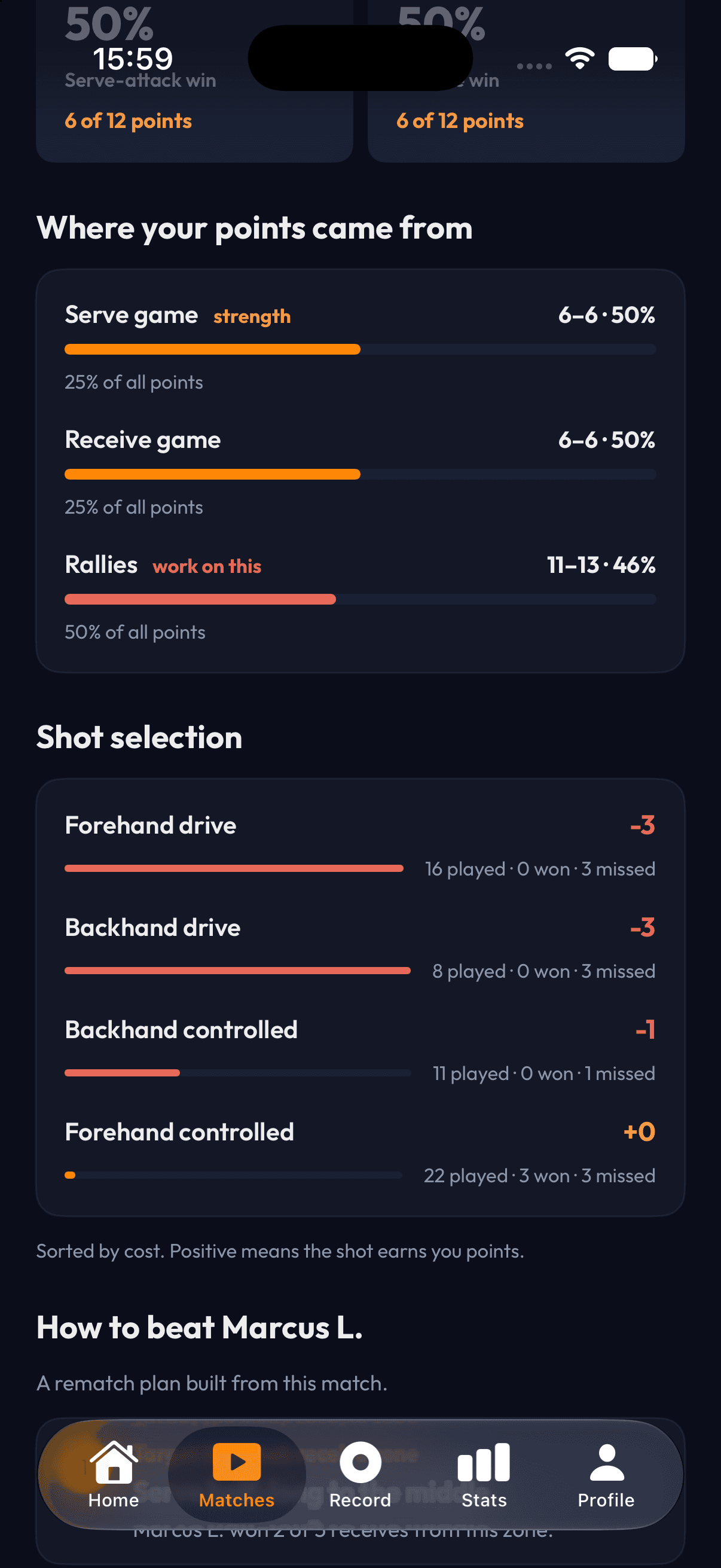 PaddleIQ table tennis shot selection report