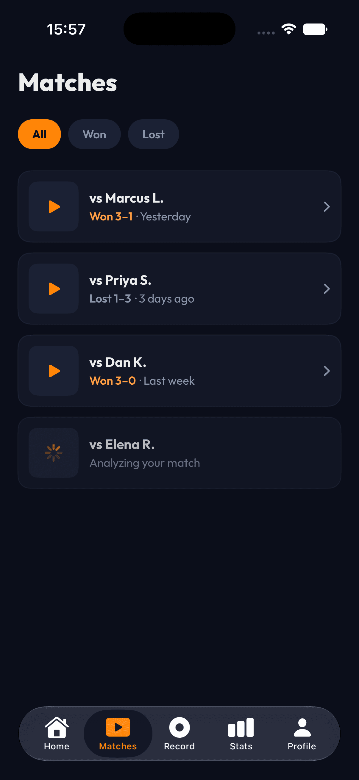 PaddleIQ table tennis match history for club players