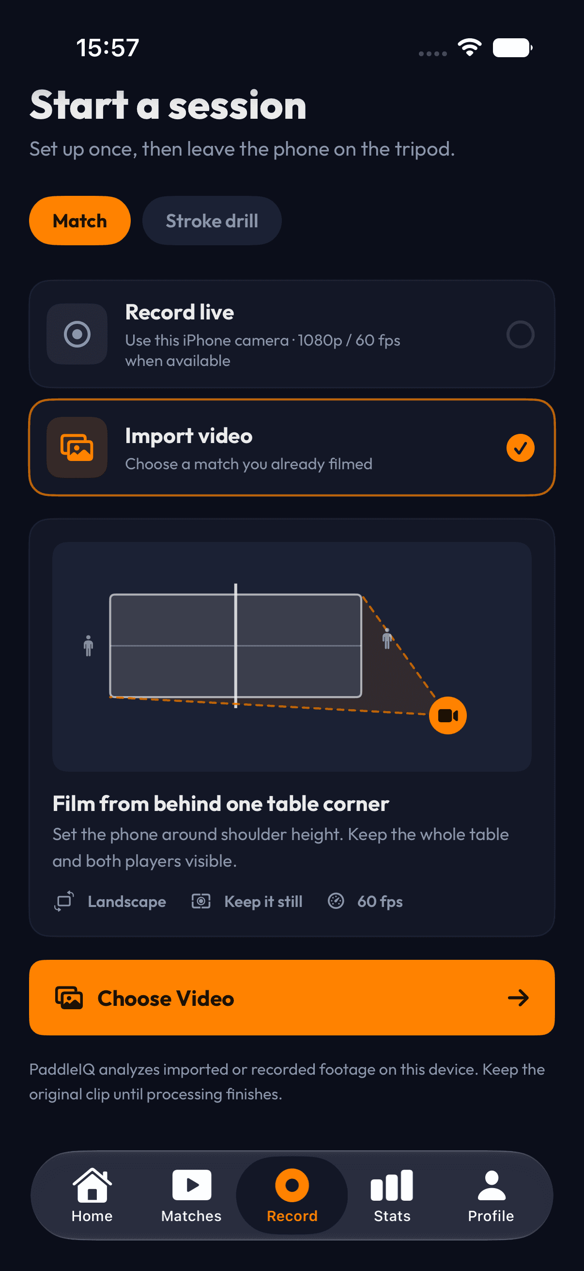 PaddleIQ iPhone match recording setup screen