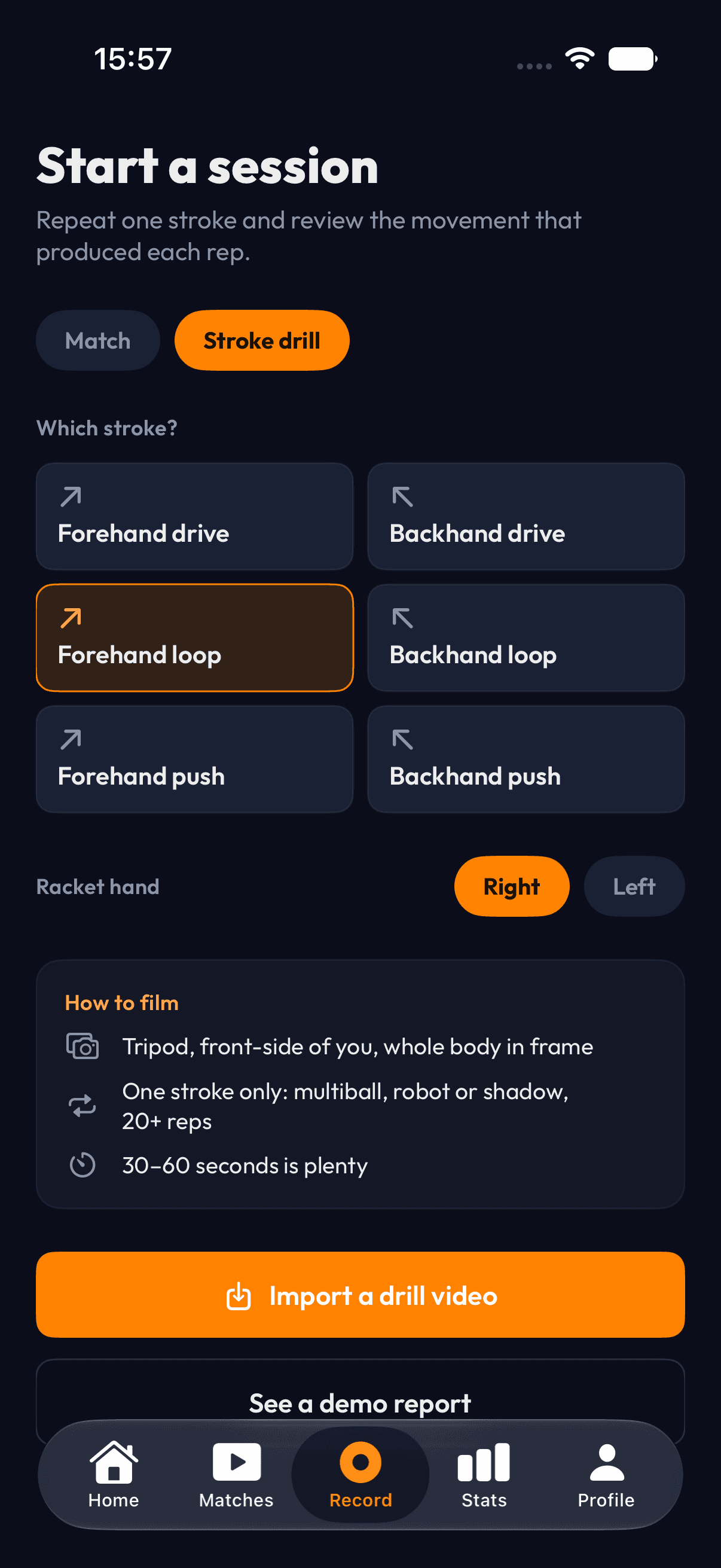 PaddleIQ table tennis stroke drill recording setup