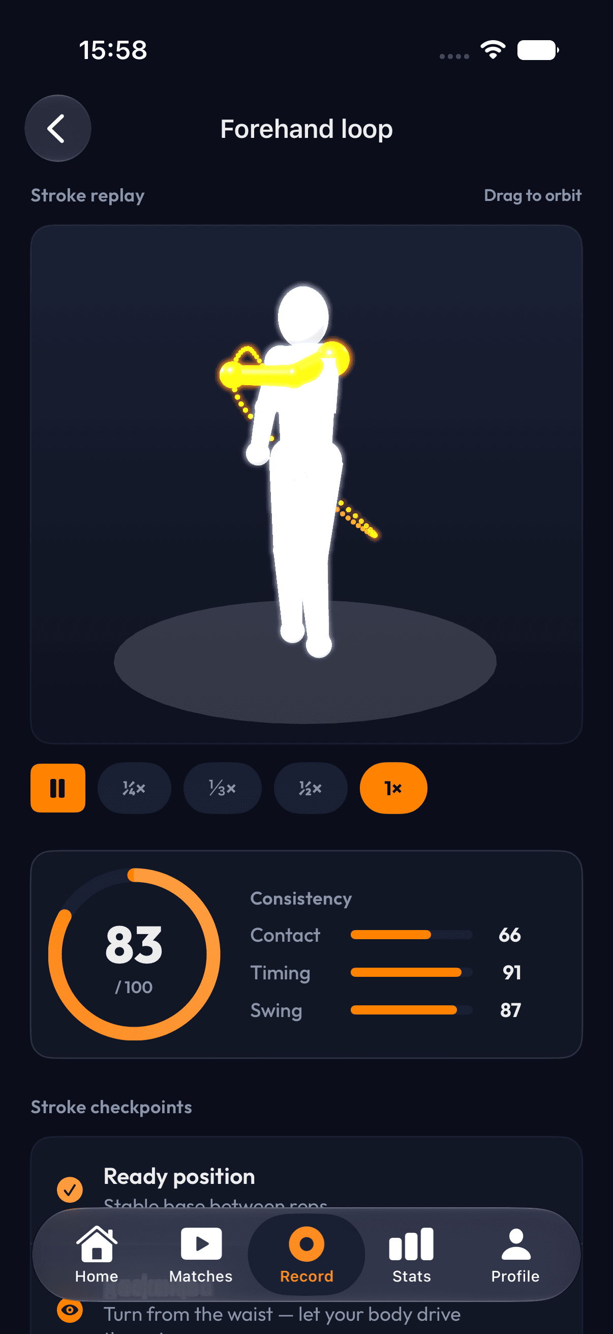 PaddleIQ table tennis stroke replay screen